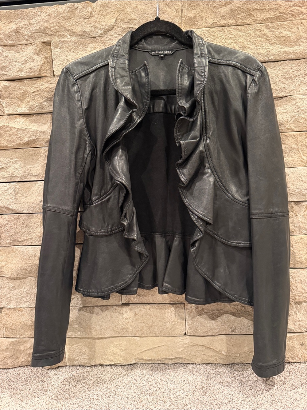 Marissa Webb Black Leather Ruffle-Front Jacket